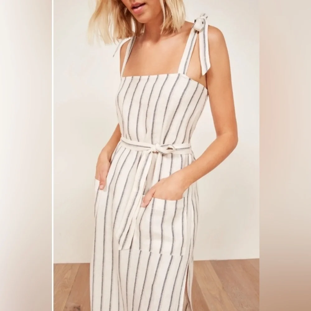 Reformation Elliot dress 100% Linen Striped Midi Dress Sleeveless - Picture 11 of 16